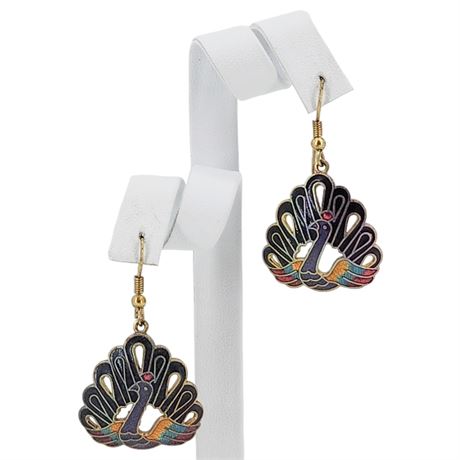 Vtg Cloisonne Peacock Earrings