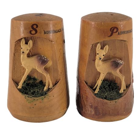 Vintage Cedar Wood Carved Salt & Pepper Shakers Deer Fawn Japan
