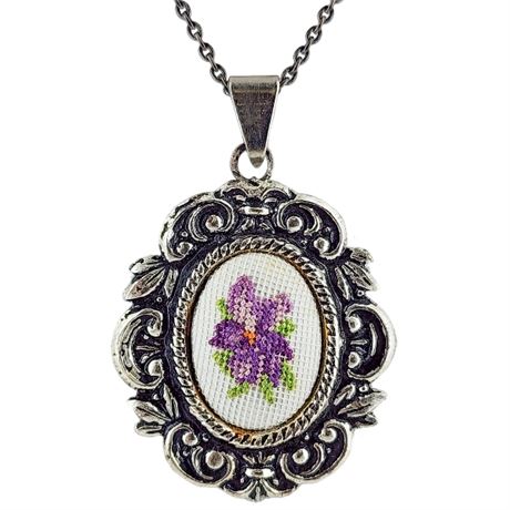 Vintage Petit Point Embroidered Violets Pendant Necklace