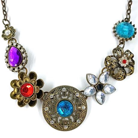 Multi-Color Rhinestone & Filigree Necklace – Antique Gold Tone, Floral Motif