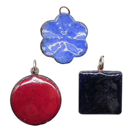 Three Vintage Artisan Made Enamel on Copper Charms/Pendants