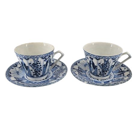 Pair of Inarco Japan Long Eliza Blue and White Porcelain Tea Cups & Saucers