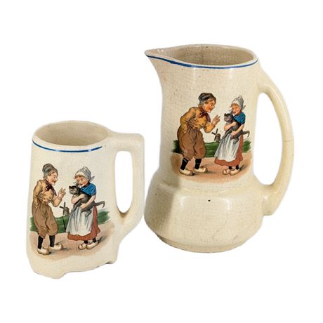 Antique 1900s Roseville Creamware Pottery Pitcher + Mug Cat Dutch Children