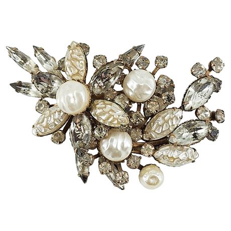 Vintage Textured Faux Pearl & Rhinestone Brooch