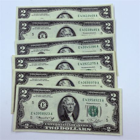 6 UNC 1976 $2 Bills