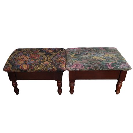 Pair of Vintage Wooden Foot Stool Storage Padded Ottomans
