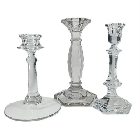 Baccarat, Cambridge, Fostoria, Set of 3 Antique and Vintage Candlestick Holders