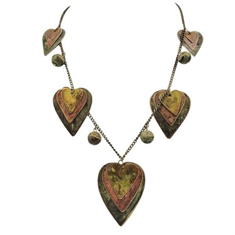 Thin Metal Layered Heart Dangle Statement Necklace