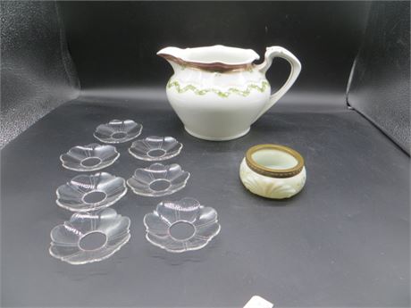 RS Prussia Cider Pitcher, 7 Crystal Candle Drips & Wavecrest Jar
