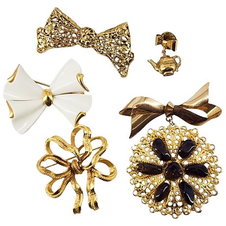 Five Vintage Gold Tone Bow Brooches, incl. Monet