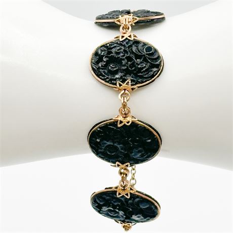 Vintage Gold-Tone & Black Glass Mourning Chain Bracelet