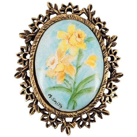 Signed Vintage Hand Painted Daffodils Brooch/Pendant