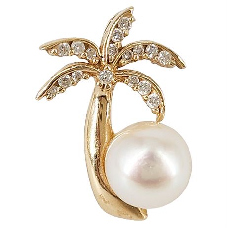 Vintage Signed PF 14K Gold, Diamond, & Pearl Palm Tree Pendant
