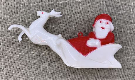 Art Deco Hard Plastic Candy Cane Holder Santa & Reindeer Ornament