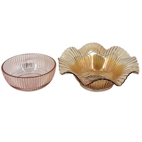Vintage Pink Depression Glass Bowl / Marigold Carnival Glass Bowl Ruffled