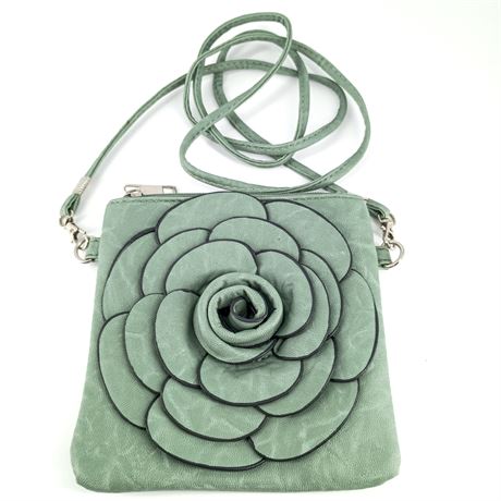 Green Floral Crossbody Handbag with Dimensional Rose Design