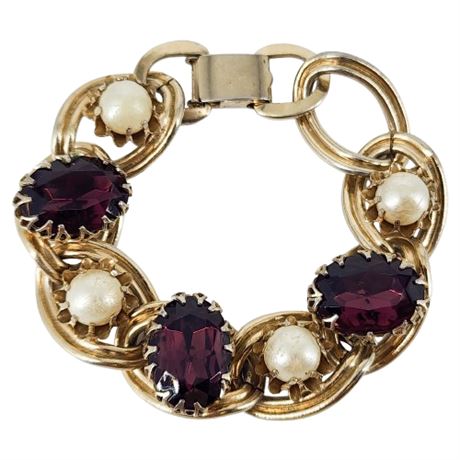 Vintage Chunky Purple Rhinestone & Faux Pearl Bracelet
