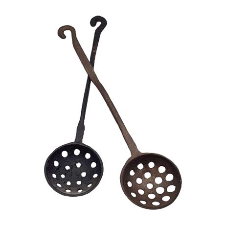 Pair Vintage Cast Iron Strainer Spoons