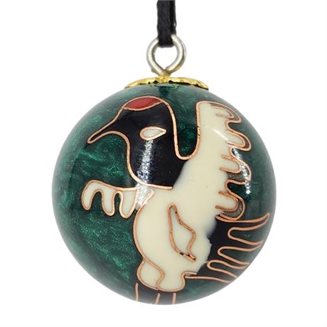 Vintage Chinese Enamel Crane Harmony Ball Pendant Necklace