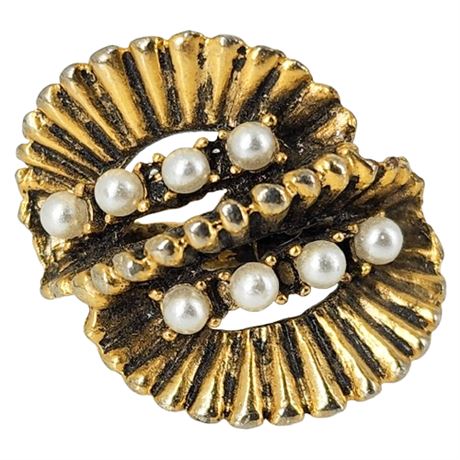 Vintage Gold Tone Faux Pearl Ring, Adjustable