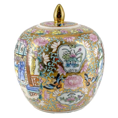 Antique Chinese Rose Medallion Lidded "Ginger" Jar