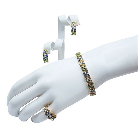 Signed Joan Rivers Rhinestone Flower Bracelet, Ring, & Earrings Set