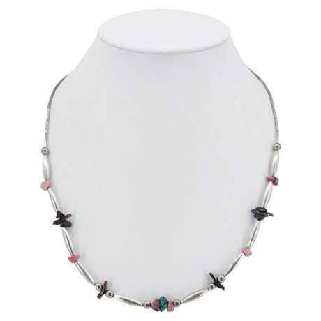 Vtg Native American Style Silver Tone Beaded Fetish Necklace
