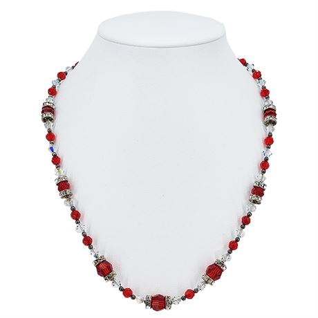 Vintage Faceted Red & Clear Aurora Crystal Beaded Necklace w/ Rhinestone Accents