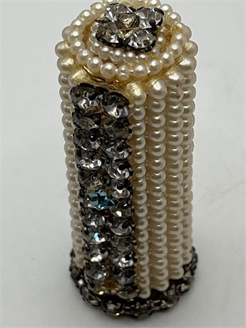 Antique goldtone metal and pearls lipstick holder
