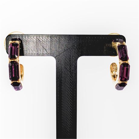 Signed Trifari Purple Baguette Crystal Hoop Earrings – Gold-Tone