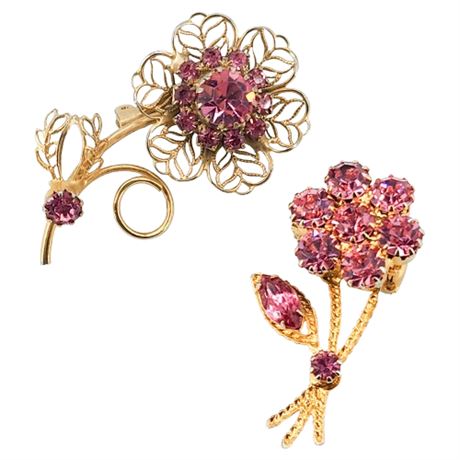 Two Vintage Prong Set Pink Rhinestone Flower Brooches