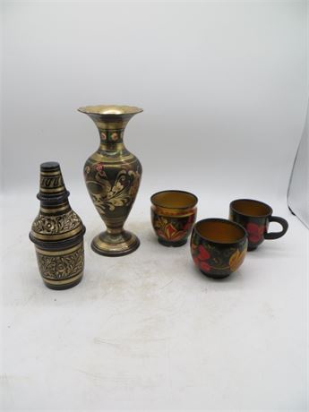 Brass India Vase, Brass Container & Russian Tea Cups