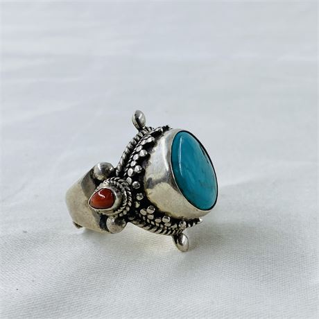 20g Sterling Coral + Turquoise Ring Size 8.5