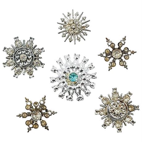 Six Vtg Rhinestone Snowflake/Burst Brooches