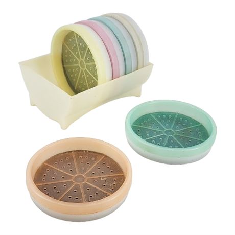 Vintage Tupperware Pastel Wagon Wheel Coasters w/ Caddy