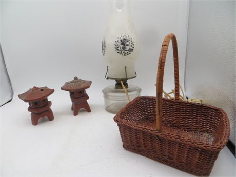 Japanese Pagoda Candle Holders, Electrified Oil Lamp & Basket