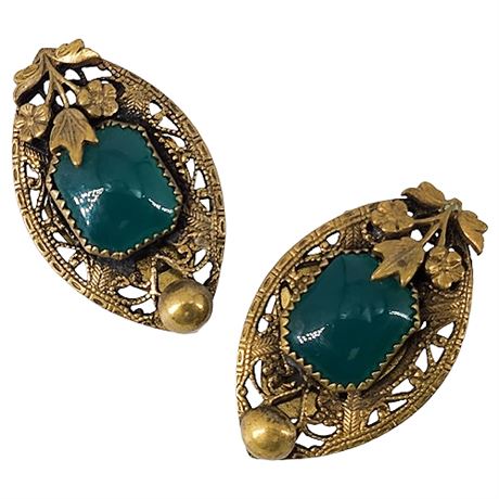 Vintage Brass Filigree & Green Glass Dress Clips Set