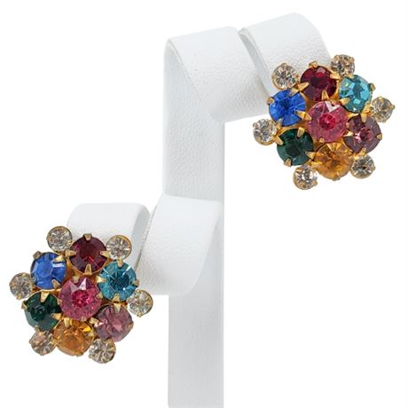 Vintage Prong Set Multicolored Rhinestone Cluster Screwback Earrings