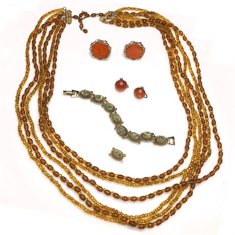 Vintage Amber Beaded Necklace, Retro Orange Earrings, Green Stone Link Bracelet