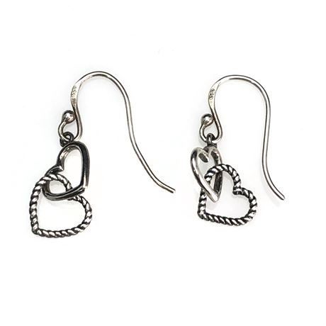 Vintage Sterling Silver Double Heart Dangle Earrings