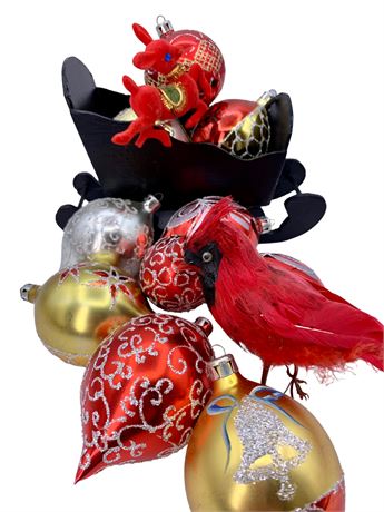 Lustrous Ruby & Gold Glass Ornaments in a 8” Raven Wood Sleigh