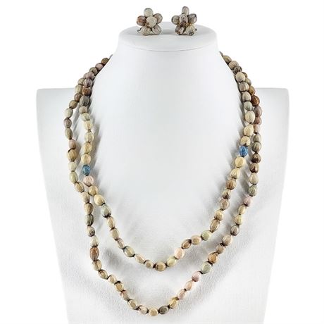 Vintage Job's Tears Seed Necklace & Screwback Earrings Set