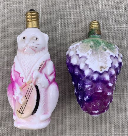 2 Vintage Embossed Milk Glass Light Bulbs: Musical Cat & Grape Cluster