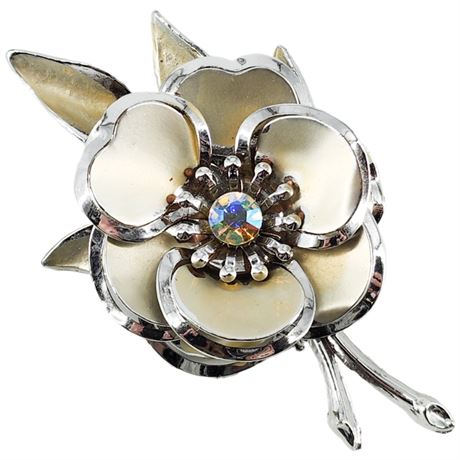 Vintage Large Pearlescent Enamel Flower Brooch w/ Rhinestone Center