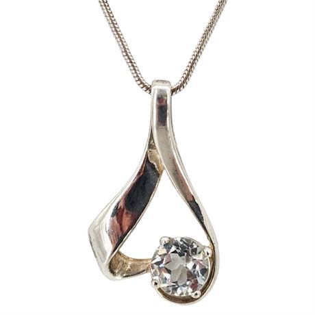 Vtg Sterling Silver White Spinel Heart Pendant Necklace