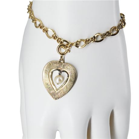 Vintage BROOKCRAFT Gold Over Sterling Silver Pearl & Heart Bracelet, New w/ Tag