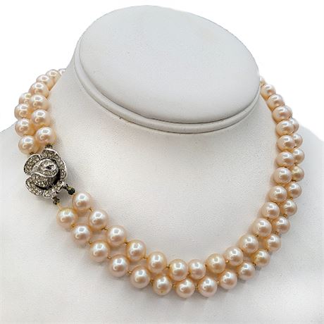 Vintage CROWN TRIFARI 2-Strand Faux Pearl Necklace w/ Rhinestone Rose Clasp