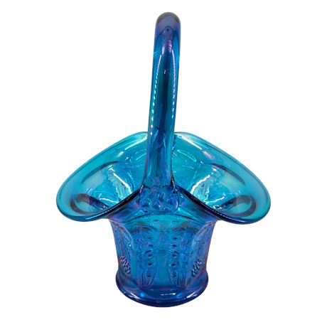 Fenton Sapphire Blue Butterfly & Berry Carnival Glass Basket
