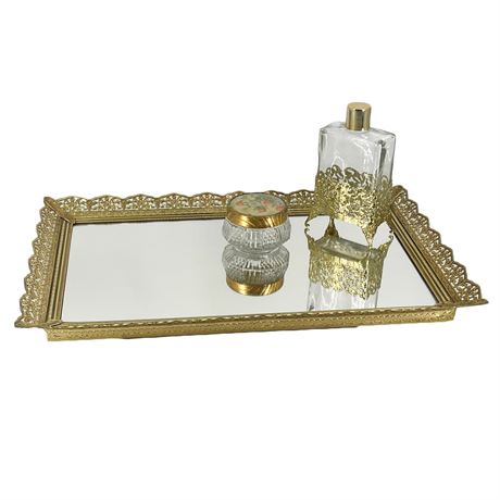 Vintage Mirrored Vanity Tray with Accessories