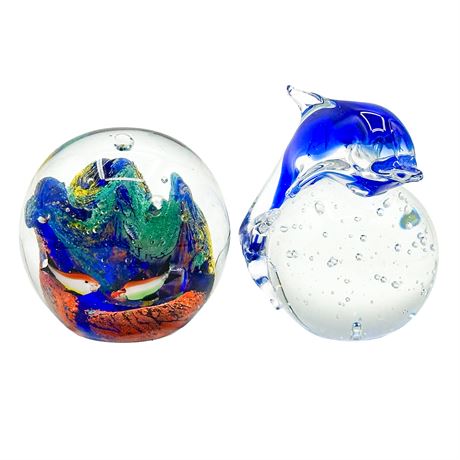 Pair of Art Glass Paperweights with an Aquatic Theme